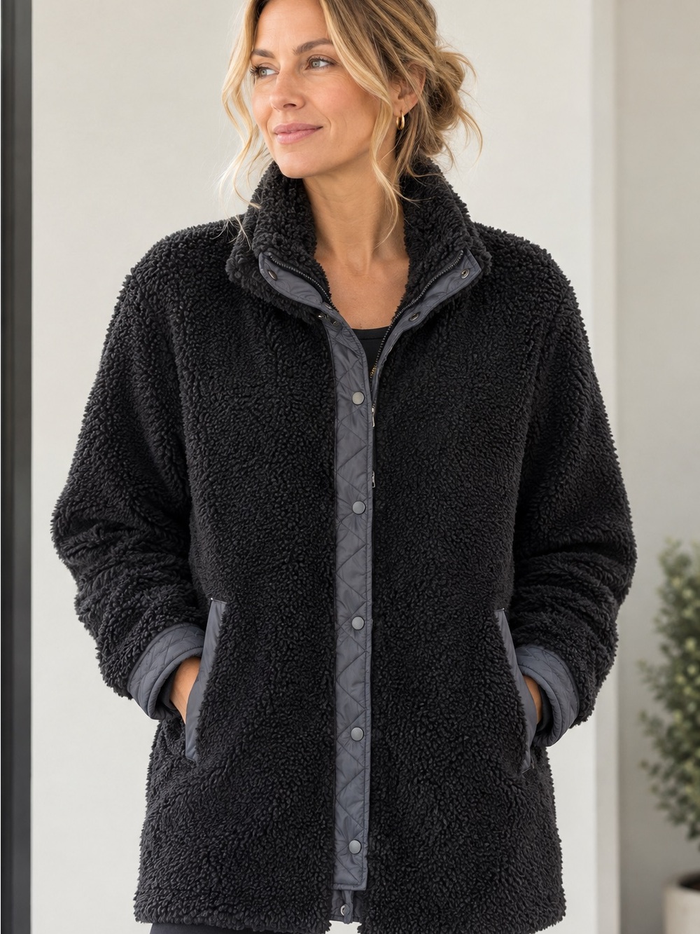 Athleta Women's Black Sherpa Coat with Quilted Trim